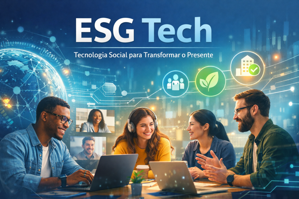 Imagem institucional do ESG Tech, desafio de tecnologia social e ESG do Let’s Sum Summit, com pessoas colaborando e elementos de inovação, impacto social e inteligência artificial.